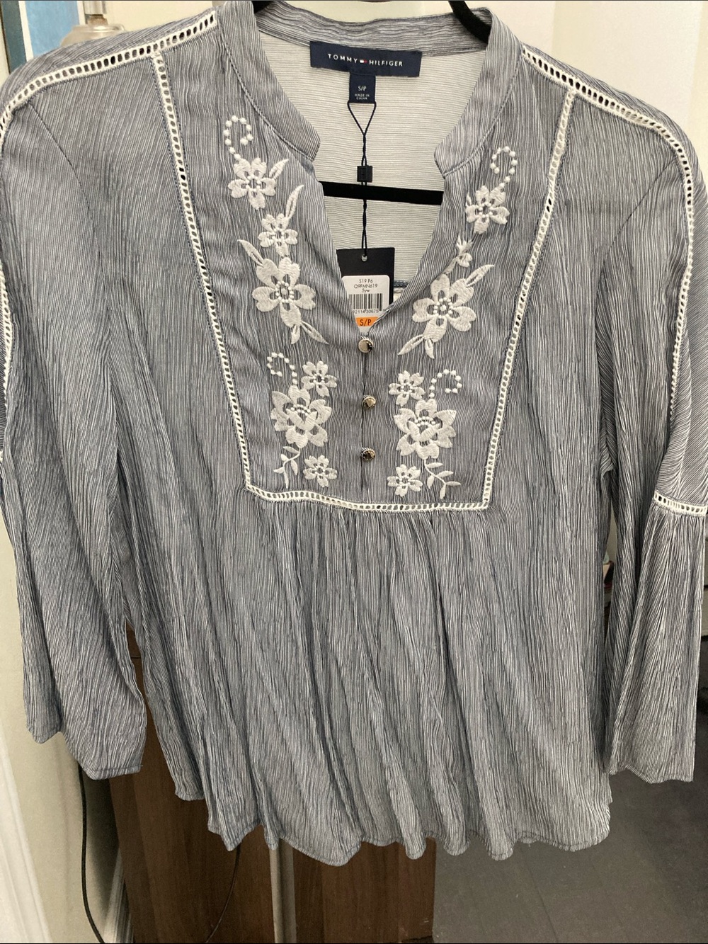 Tommy Hilfiger White-Embroidered Blue Stripe Tunic Top